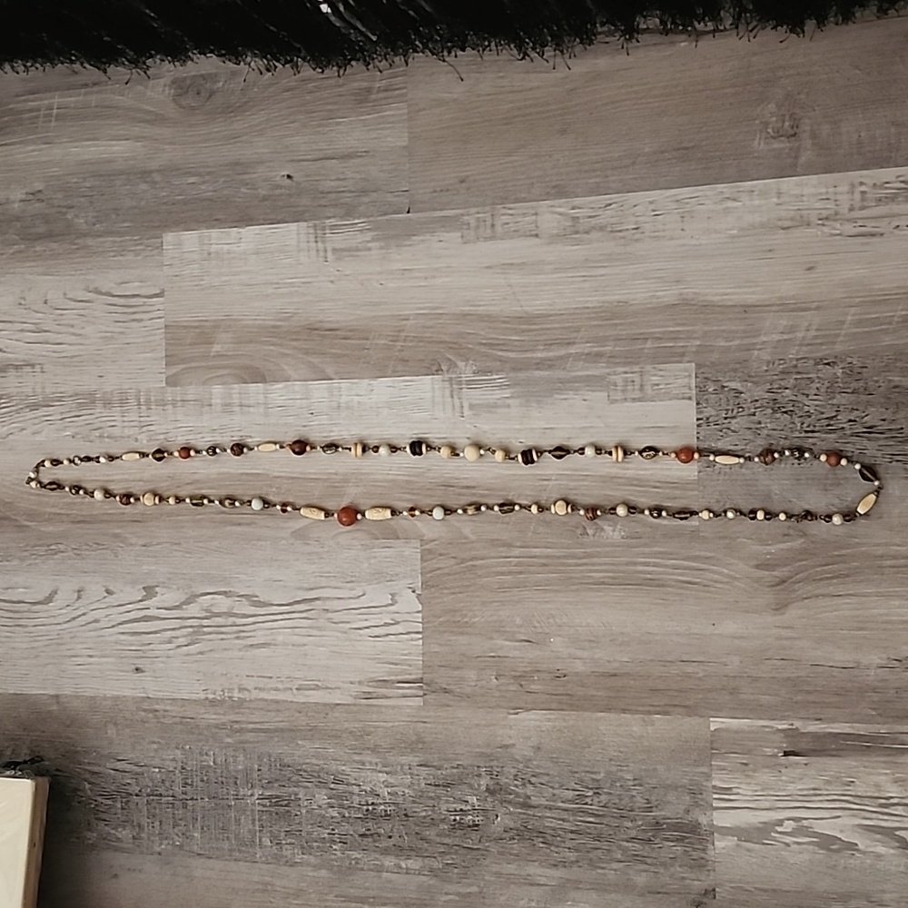 Vintage Carved Bone With Beads Long Necklace